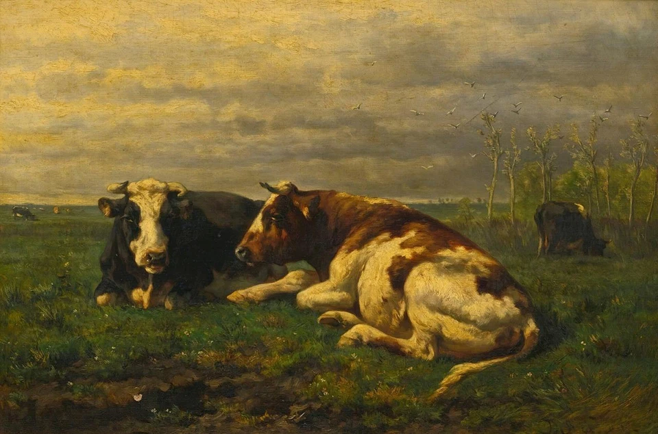Pintura a óleo antiga feita à mão retrato de animais vacas sobre tela - Imagem 2 de 2