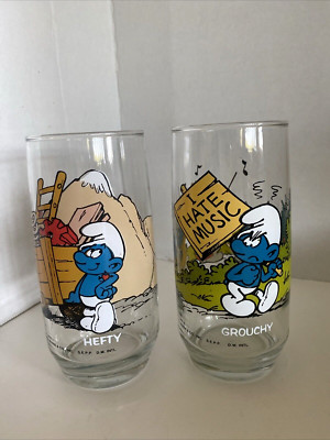 Smurfs Collector Drinking Glasses Hefty & Grouchy 1982