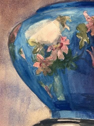 Antique Watercolour Bolster Japonisme Still Life Window Box Nap III 1910 Signed - Picture 3 of 4