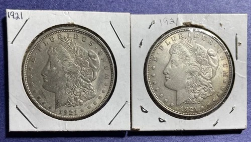 Lot of 2 Bullion Morgan Silver Dollars 1921 Two 90% Silver $1 US Coins Face