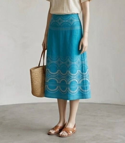 Monsoon Midi A Line Skirt Lined Turquoise Embroidered Linen Cotton Women’s UK12