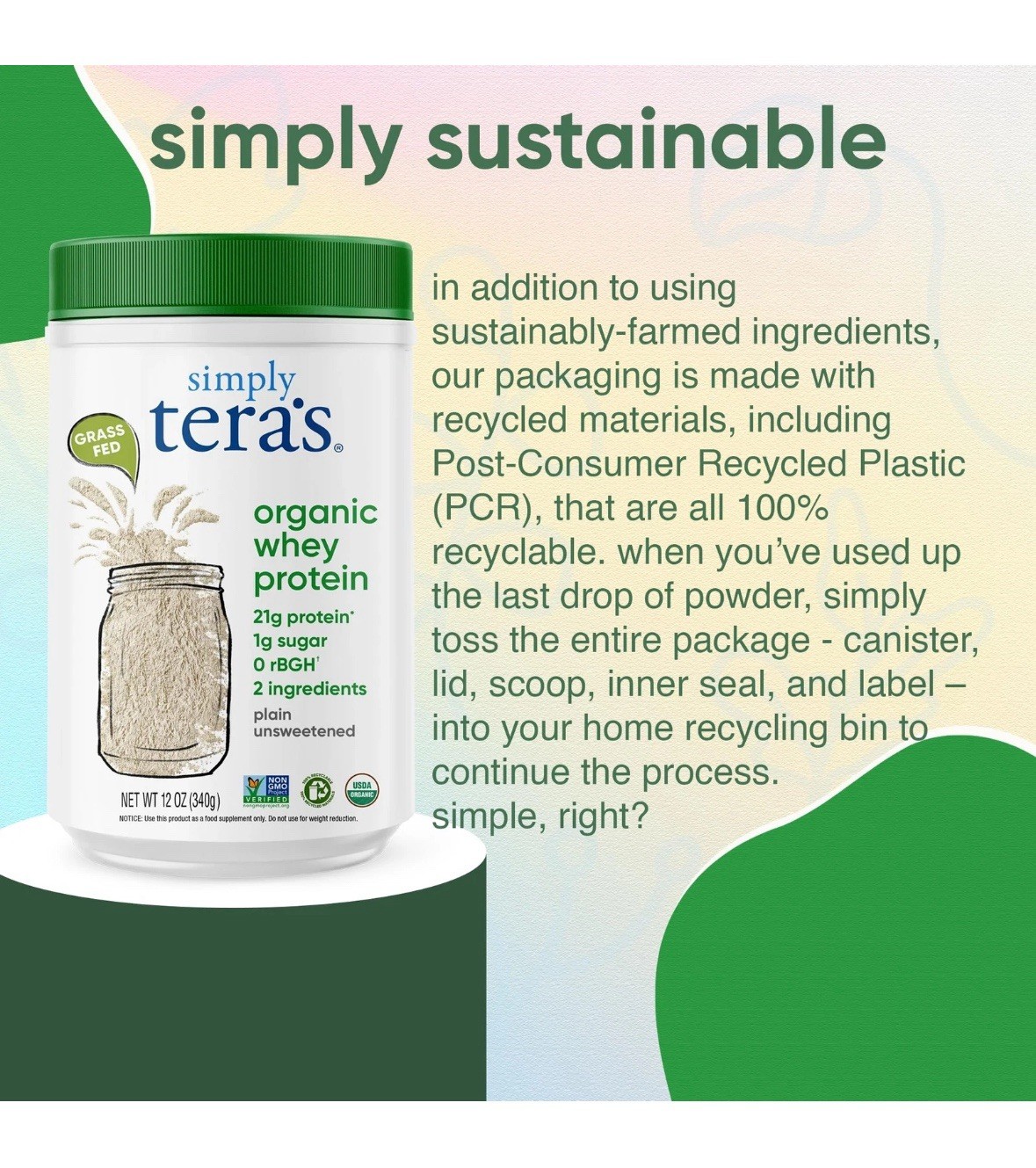 Simply Tera’s Organic Whey Protein 12 oz Plain Unsweetened – Grass-Fed, Non-GMO