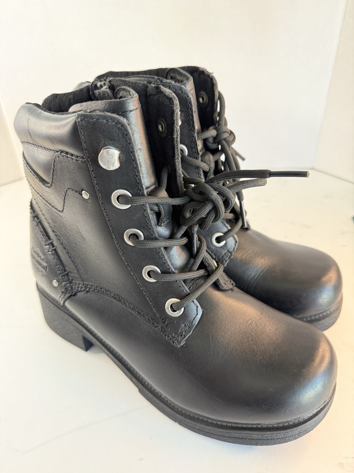 Harley-Davidson Elowen Black Leather Motorcycle Boots Womens 7.5 M Lace Zip Up