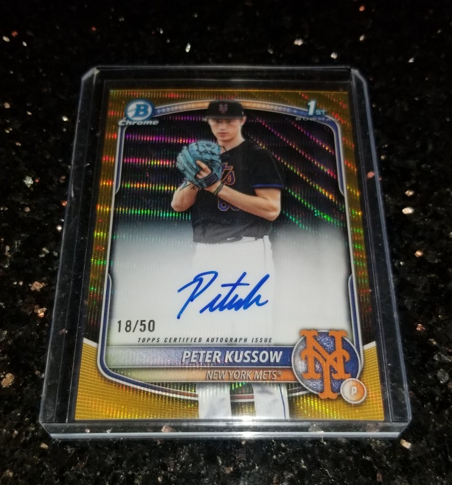 2025 BOWMAN CHROME DRAFT GOLD WAVE REFRACTOR AUTO PETER KUSSOW /50 1ST METS