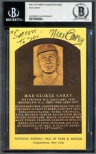 Max Carey Beckett BAS Signed Gold Hall of Fame Plaque Postcard Autograph