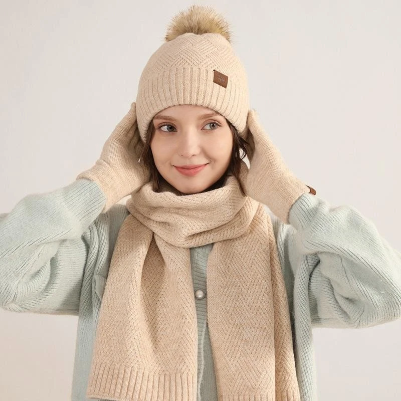 3 PIEZAS Mujeres Tejido Gorro Sombrero Bufanda Guante Conjunto Cuello Cálido Invierno Esquí Nieve Calavera Gorras Foto 4 de 4
