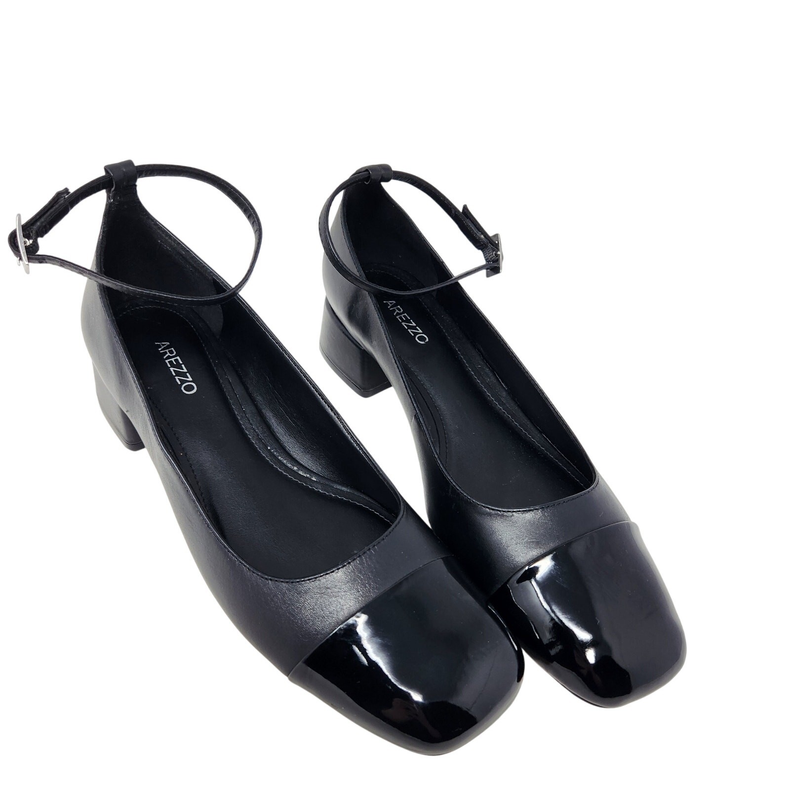 Arezzo Black Slingback Leather Chloe Ankle Strap Low Block Heel Pumps Size 7.5 B