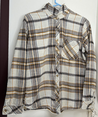 Thread & Supply Beige Orange Plaid Flannel Shirt Women s Size Large 100% Cotton