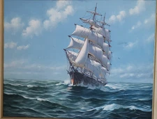 Humberto da Silva Fernandes Original Oil Painting on Canvas Ship TORN Read Desc