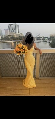 Windsor Yellow Sequin V-Neck Spaghetti Strap Open Back Long Gown S