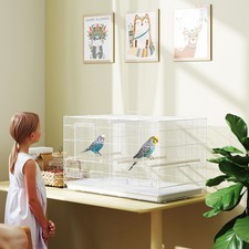 Image of PawHut Bird Cage with Divider, 4 Wooden Perches, Slide Out Tray