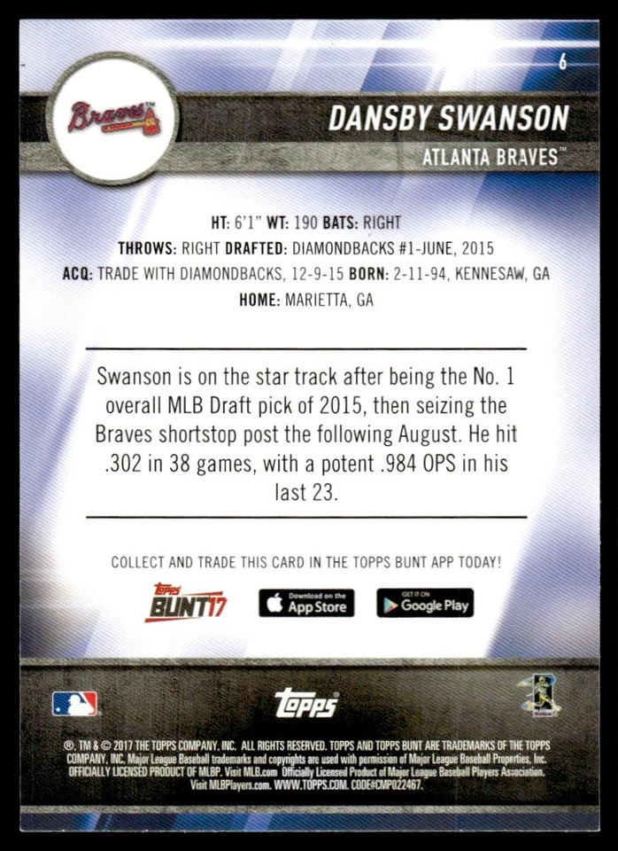 2017 Topps Bunt Blue Dansby Swanson Rookie Atlanta Braves #6 - Image 2 of 2