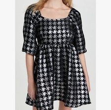 Anthropologie DAMASK houndstooth Dress Balloon Sleeves XSMALL Silver Black