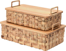 Stackable Hyacinth Baskets with Oak Lids, Natural, Set of 2