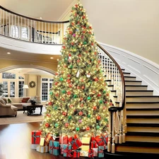 12FT Pre Lit Hinged Spruce Christmas Pine Tree w/ Warm Lights Full Holiday Decor