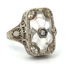 Art Deco Designer PSCO 14K White Gold Quartz Diamond Filigree Statement Ring