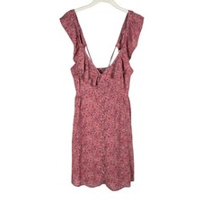 Madewell Dress 4 Pink Floral Ruffle Neck Button-Up Mini Tie Back Straps Pockets