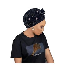 Luxurious African Women's Turban Cap Rhinestone Bouquets Medium, Black