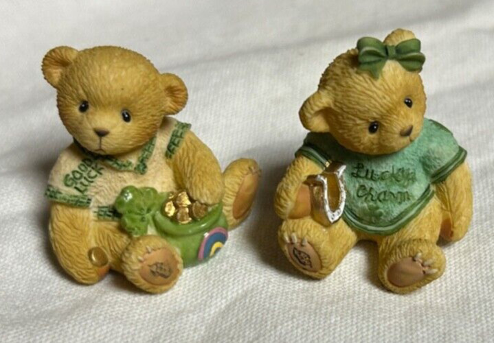 Set Of 2 - 1998 Enesco Irish Lucky Charm Teddy Bear Figurine Shamrock Good Luck