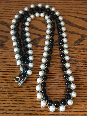Vintage Estate Black White Beaded Necklace Braided on Chain