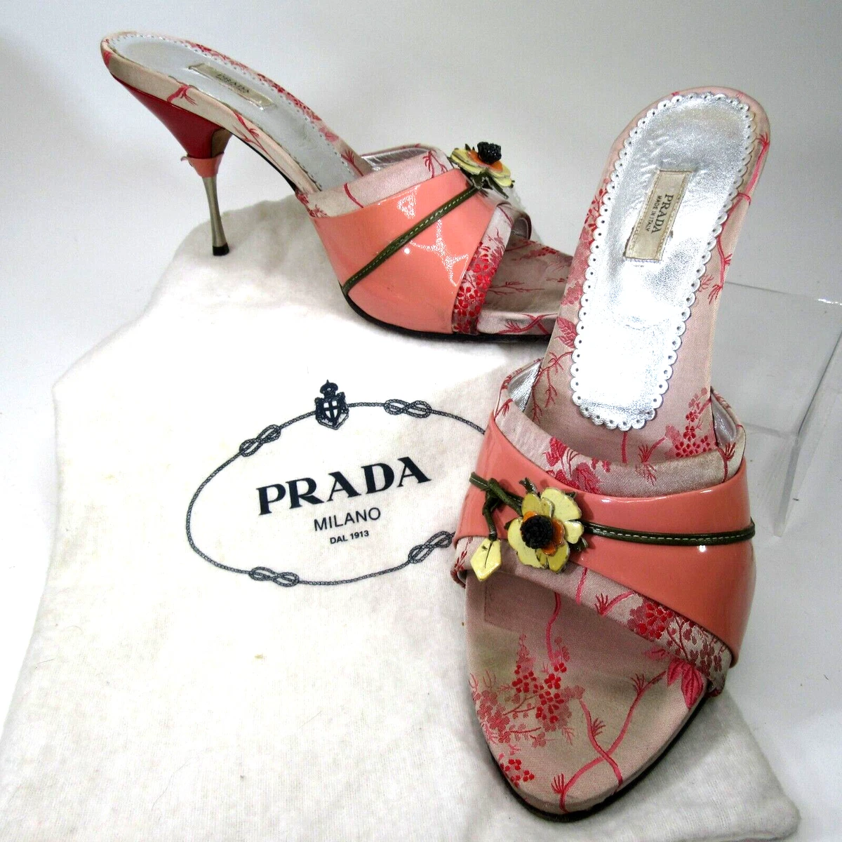 VINTAGE PRADA pink silk patent leather Cherry Blossom heels mules