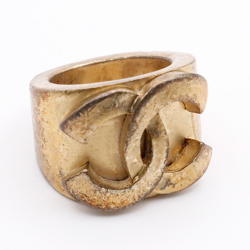 CHANEL CC Logo Coco Wide Band Ring Gold Plated EU 53 / US 6.25 01C