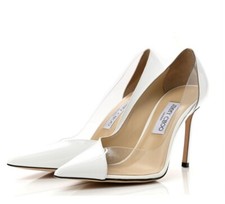 JIMMY CHOO 750 Cass 95 Patent Leather Iridescent Plexi Pumps Bridal EU37.5White