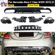 Rear Bumper Diffuser + Exhaust Tips Black For Mercedes W205 C300 Sedan 2015-2021