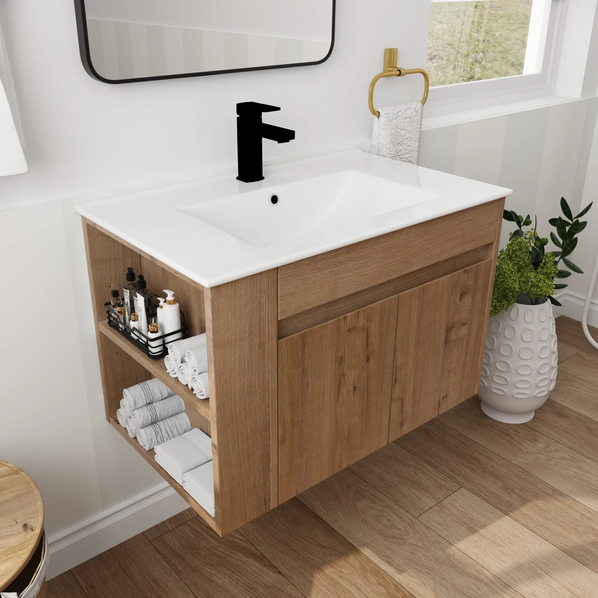 30 Floating Wall Mount Bathroom Vanity Cabinet W/Ceramic Basin Sink+ Open  Shelf