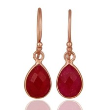 18K Rose Gold Plated Sterling Silver Ruby Gemstone Bezel Teardrop Earrings