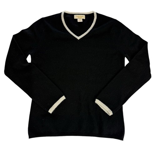 Peck Peck Black V Neck Cashmere Sweater Contrast White Trim Size Large