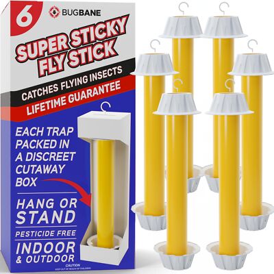 Fly Stick Sticky Fly Traps for Indoors Outdoor 6pk. Non-Toxic Super Sticky Ha...