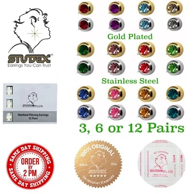STUDEX 3, 6, 12 PAIRS BIRTHSTONE BEZEL EAR PIERCING STUDS GOLD STEEL EARRINGS