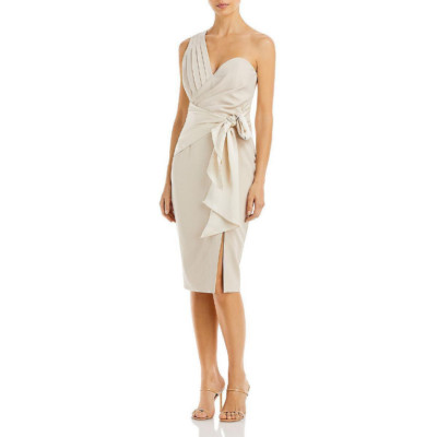 Lavish Alice Pleated Womens One Shoulder Midi Dress in Stone Size 2