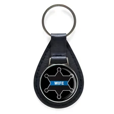 Thin Blue Line Wife Sheriff Badge Black Leather Keychain Silver Keyring