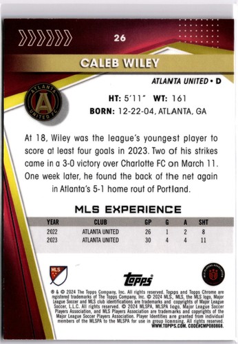 Caleb Wiley 2024 Topps Chrome MLS Green Refractor #26 Atlanta UNited #30/99 - Picture 2 of 2