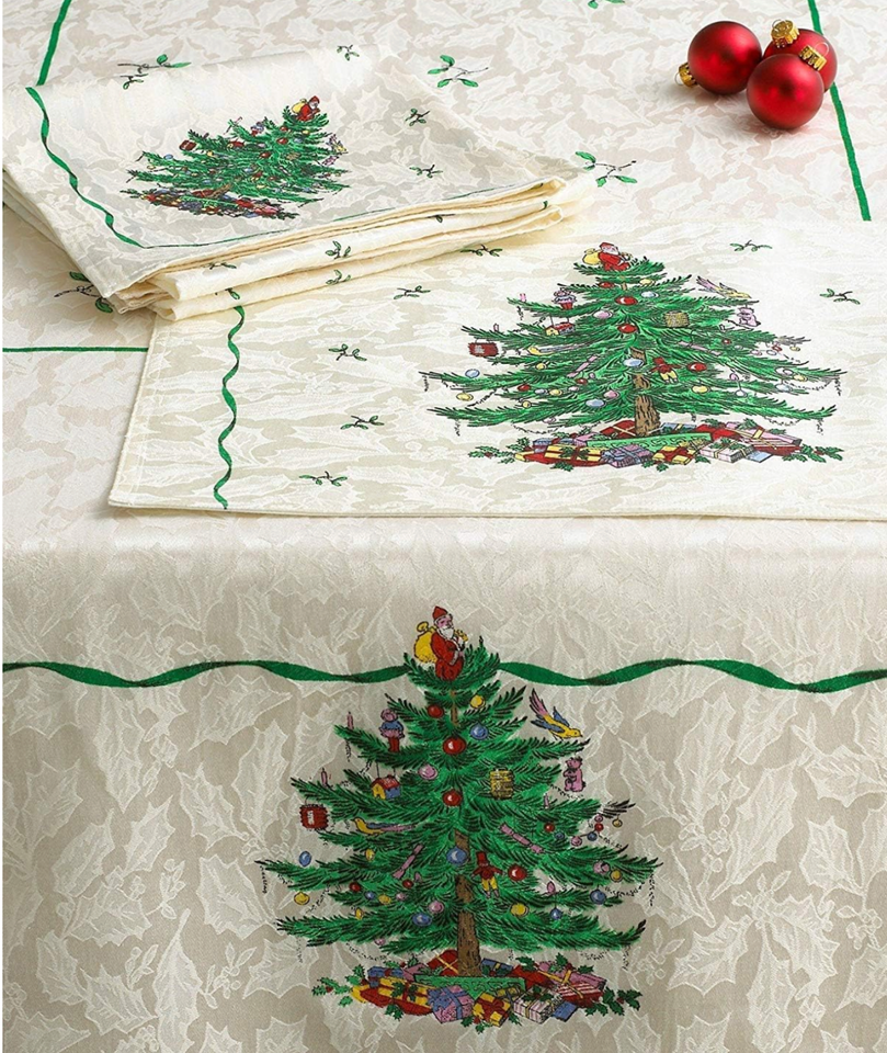 SPODE CHRISTMAS TREE IVORY GREEN TABLECLOTH 60" x 144" COTTON POLYESTER
