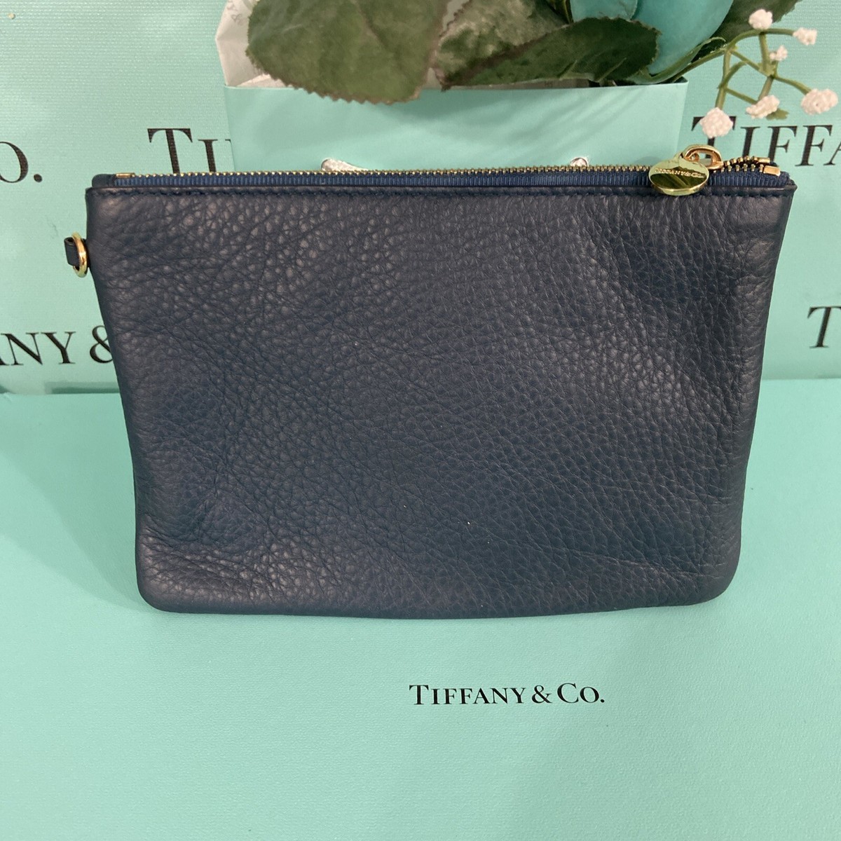 Tiffany&Co Navy Blue Tote Purse Grain Leather Bag Cosmetic Pouch W