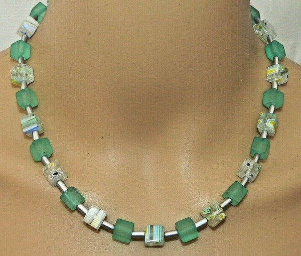 Halskette WüRfelkette WüRfel Glas Millefiori Mint Aqua Mehrfarbig Silber 210P-image