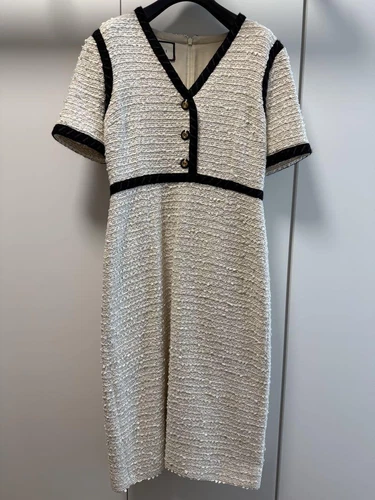 Abito GUCCI tweed scollo a V manica corta con bottoni bianco nero taglia 38 Authen