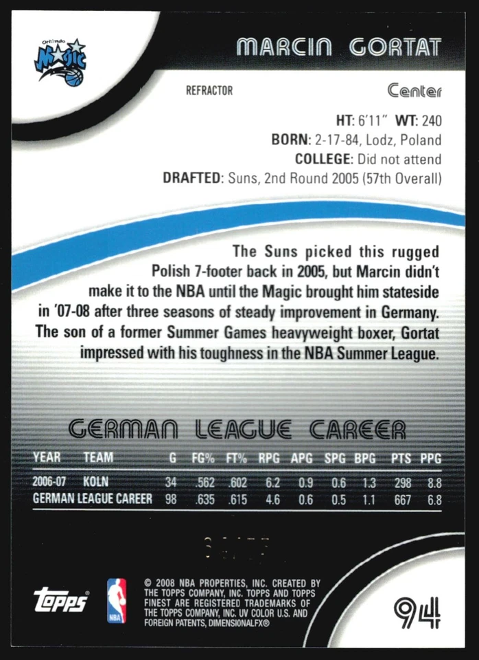 Topps Finest Marcin Gortat 2007-08 refractor negro novato/75 #94 Foto 2 de 2