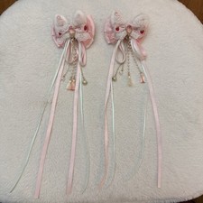 NEW Handmade Pink  White Lace Faux Ears Hair Bow Clips 2 Pieces A Pair 3  x13  