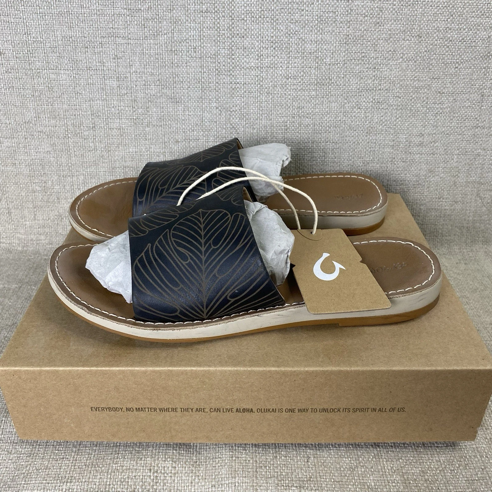 Olukai Nohie 'Olu Shoes Womens US 8 Sandals Black Tan Leather Slip On Slide