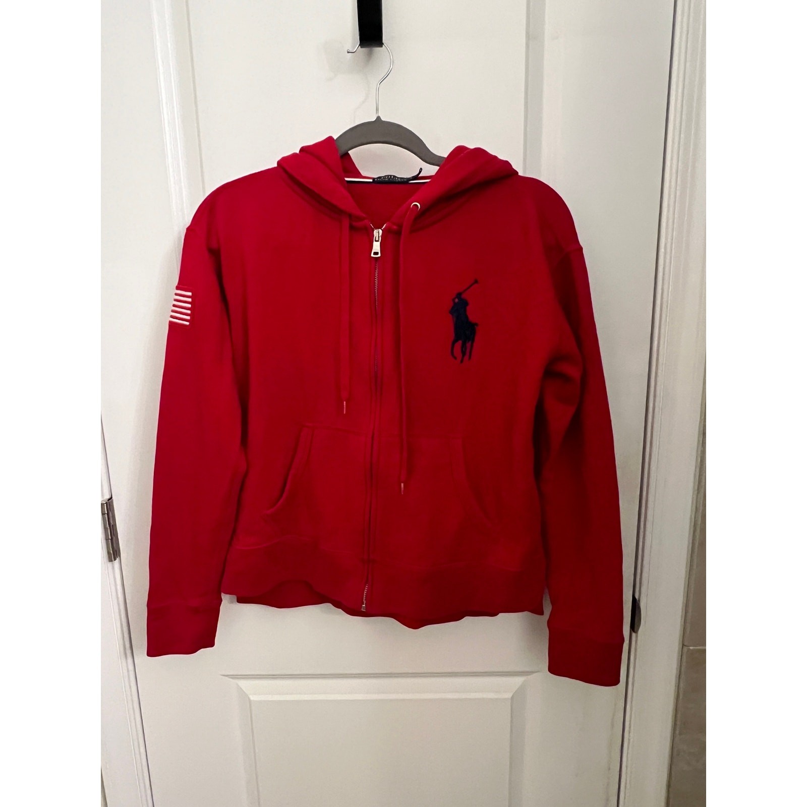 Polo Ralph Lauren giacca pile full zip con cappuccio rosso piccolo pony USA ricamo