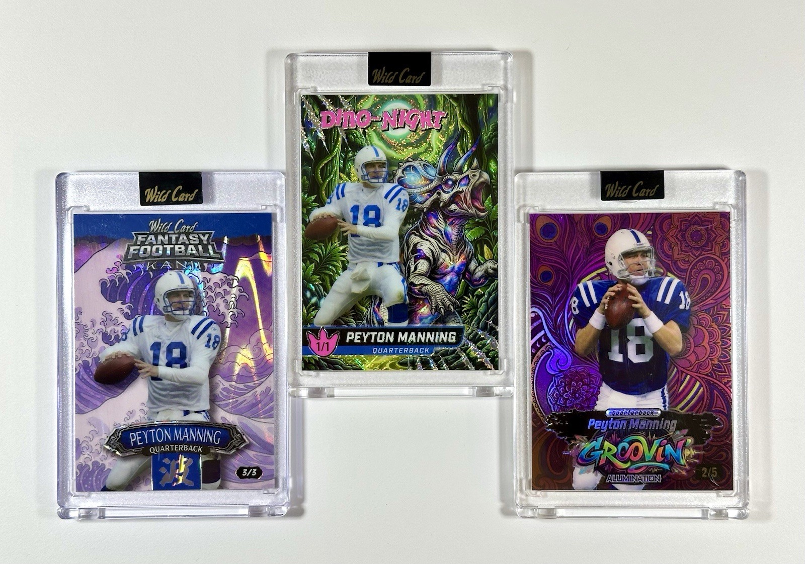 2026 Wild Card Peyton Manning 3 Card Lot Dino-Night 1/1 Kanji /3 Groovin /5