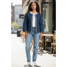 Denim Jacket Womens L G Embellished Collar 3/4 Sleeve Open Front Casual Large