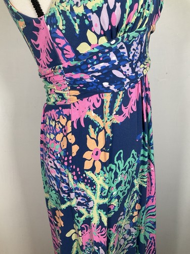 Lilly Pulitzer Kleid Damen Medium Maxi Blau Neon Blumen Tropical Strick V-Ausschnitt - Bild 12 von 16