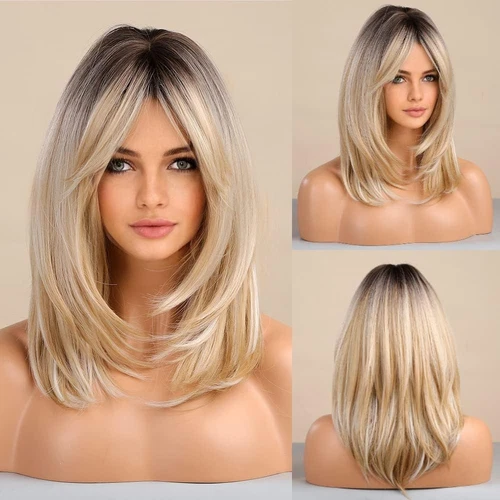 Long Layered Blonde Wigs for Women Synthetic Hair Wig with Bangs Natural Wavy...