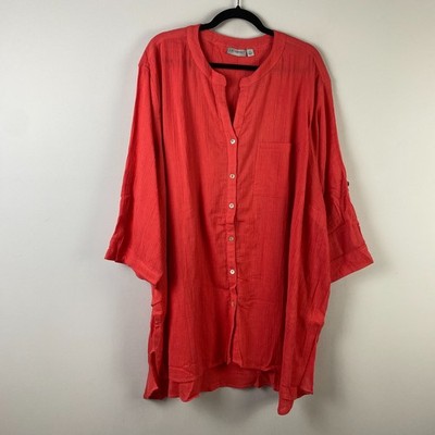 Catherines Button Up Tunic Shirt Size 3X Coral Orange Cotton 3/4 Sleeves