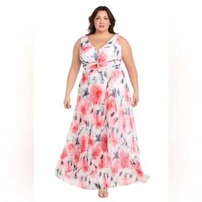 R&M Richard s (C2) Coral and Ivory Chiffon Maxi Dress with Nude - Plus 18W